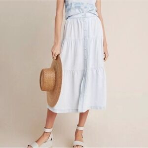 Anthropologie Cloth & Stone Chambray
Button Front Tiered Midi Skirt Blue Medium